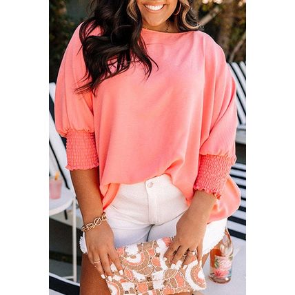 Blossom Shirred Cuffs Half Sleeve Plus Size Textured Blouse
