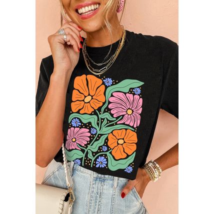 Black Colorful Flower Graphic Crewneck Summer Tee