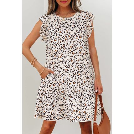Khaki Leopard Ruffled Flutter Sleeve Keyhole Back Mini Dress