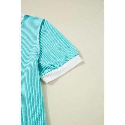 Turquoise Corded Colorblock Buttons Henley T Shirt