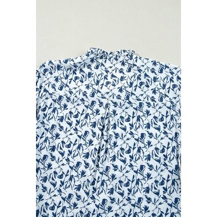 Blue Printed Lace Detail Floral Puff Sleeve Fall Shirt