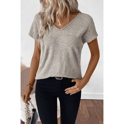 Gray Morn Ribbed Short Sleeve V Neck Colorblock Bow Back Top