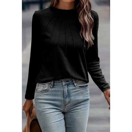 Black Solid Color Seam Detail Raglan Long Sleeve Top