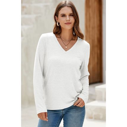 White Solid Color V Neck Long Sleeve Stretchy Top