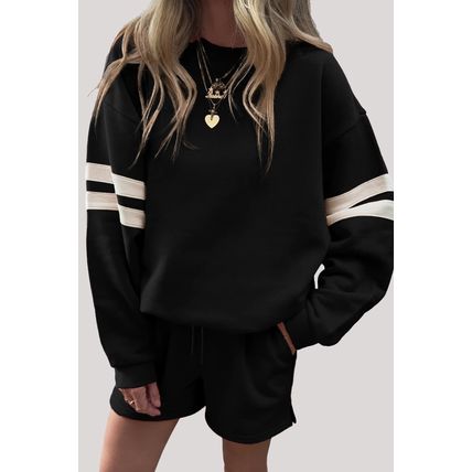 Black Varsity Striped Sleeve Drop Shoulder Sweatshirt and Short Set