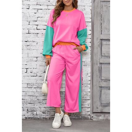 Rose Red 2pcs Color Block Pullover Loose Pant Set