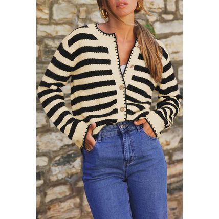 Apricot Stripe Chic Golden Button Cardigan Sweater