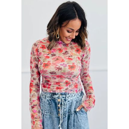 Red Floral Print Long Sleeve Slim Fit Mesh Top
