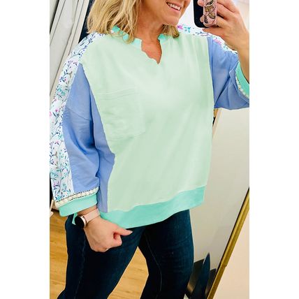 Green Color Block Floral Patchwork Long Sleeve Notched Neck Plus Size Top