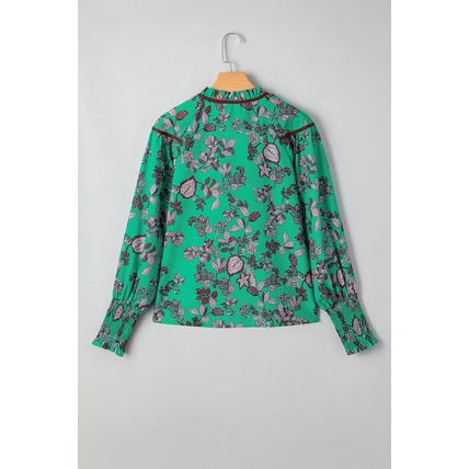 Green Leaves Print Contrast Trim V Neck Shirred Puff Sleeve Blouse