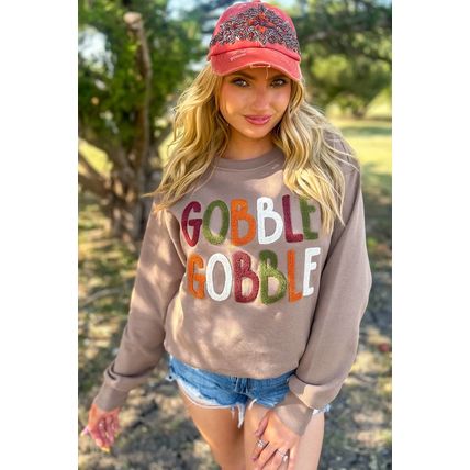 Dark Khaki GOBBLE Letter Graphic Thanksgiving Shift Sweatshirt