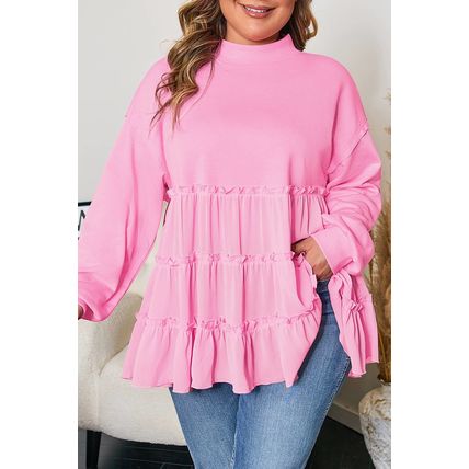 Pink Tiered Ruffle Ribbed Crew Neck Pullover Plus Size Top