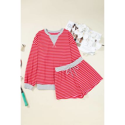 Red Stripe Drop Shoulder Baggy Pullover and Shorts Casual Set