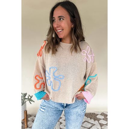 Jet Stream Contrast Flower Detail Colorblock Cuffed Loose Sweater
