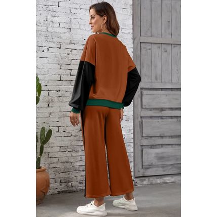 Chestnut 2pcs Color Block Pullover Loose Pant Set