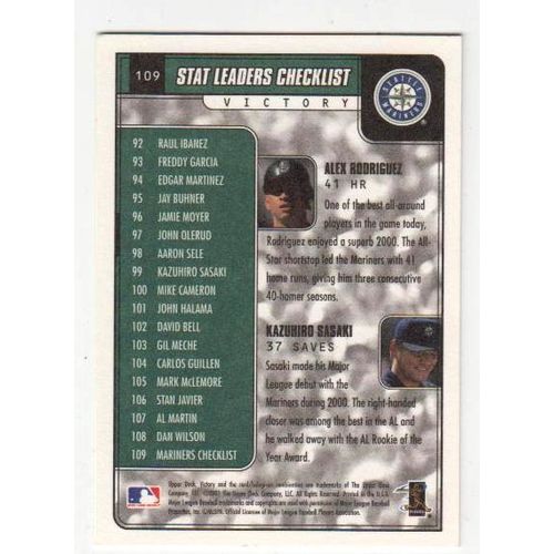 2001 Upper Deck Victory Alex Rodriguez – Kazuhiro Sasaki card #109 –Checklist
