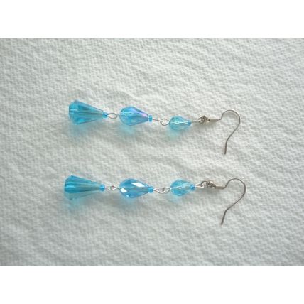 Handmade Turquoise Faceted Glass Bead Dangling Earrings. SP Hook Ear-Wires