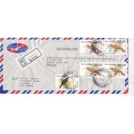 Sri Lanka 1993 Colombo to London UK Registered airmail cover typed VGC
