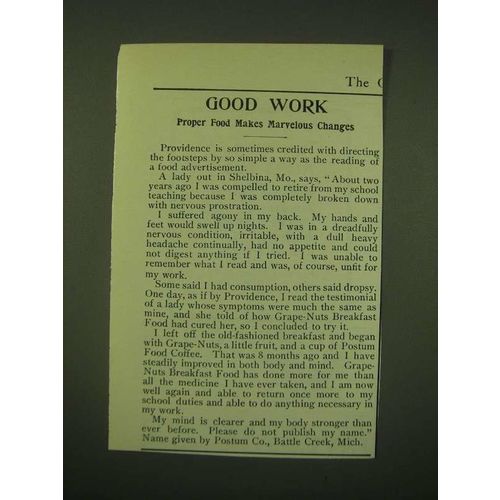 1902 Postum Food Coffee and Grape-Nuts Cereal Ad - Good work proper food makes