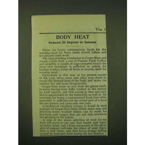 1902 Postum Food Coffee and Grape-Nuts Cereal Ad - Body heat reduced 20 degrees