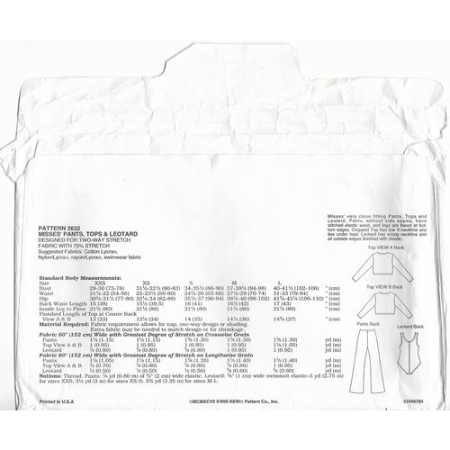 Kwik Sew 2632 Sewing Pattern Misses Pants Top Leotards Size XXS S M L 1997 Uncut