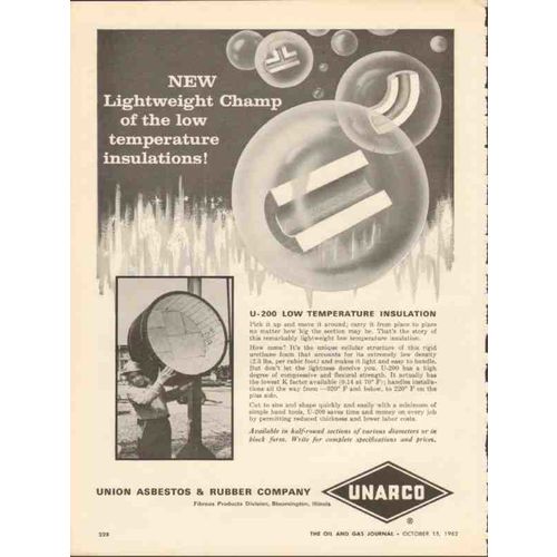 UNION ASBESTOS RUBBER COMPANY 1962 lightweight insulation vintage ad