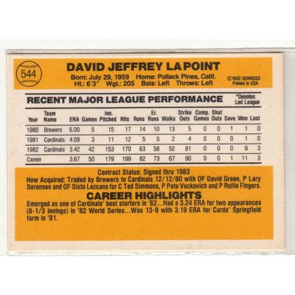 1983 Donruss baseball card 544 Dave LaPoint