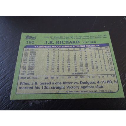 1982 Topps Card # 190A J.R. Richard Excellent-Mint (6) Houston Astros