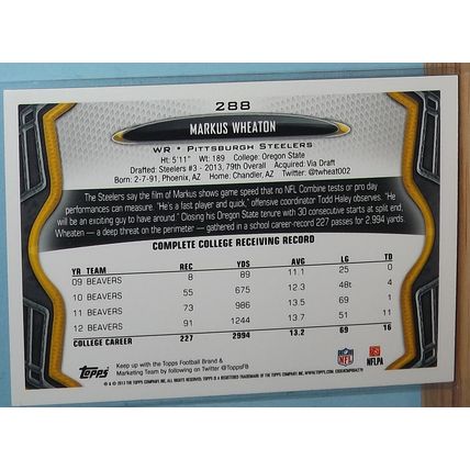 2013 Topps MARCUS WHEATON (Steelers) Rookie Card #288