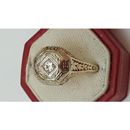 Antique Art Deco 2-Tone 14k Gold Filigree Diamond Ring,early 1900s