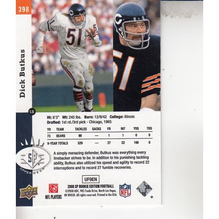 DICK BUTKUS 2008 AUTOGRAPHED CHICAGO BEARS HALL OF FAME MIDDLE LINEBACKER CARD