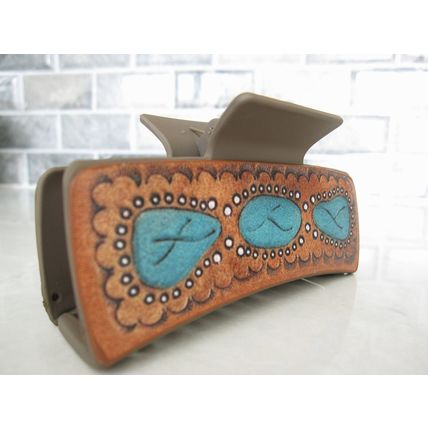 Long brown faux leather effect turquoise blue native tribal hair claw clip