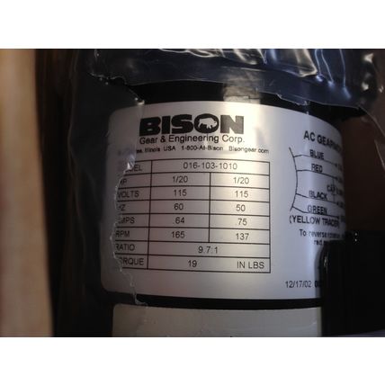 New BISON 016-103-1010 GEAR MOTOR GEARMOTOR 1/20HP RATIO 10:1 165RPM,EY,DI