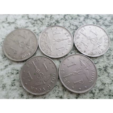 Belgium (Belgie) - a selection of 5 differently dated 1 franc coins