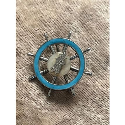 Vintage Pilgrim Fathers Mayflower Blue Enamel Ship's Wheel Brooch Badge Pin
