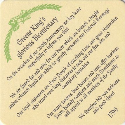 BEER MAT - GREENE KING BREWERY - 200 YEARS - (Cat No 171) - (1999)