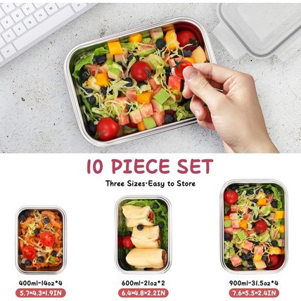 10 PC Square 304 Stainless Steel Food Containers with Lids, Airtight Bento Lunch