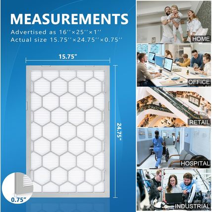 16X25X1 MERV 8 Air Filter,Ac Furnace Air Filter,Reusable ABS Plastic Frame, 7 Pa