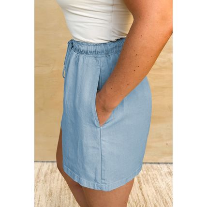 Beau Blue Washed Chambray Drawstring Elastic Waist Plus Size Shorts