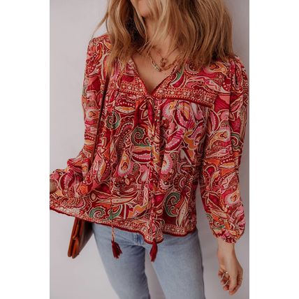 Multicolour Ethnic Paisley Print Tassel Tie Puff Sleeve Boho Blouse