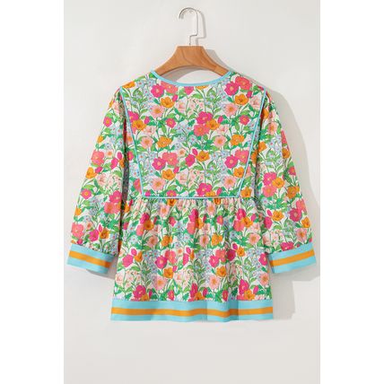 Green Floral Print Striped Trim Tie Neck Puff Sleeve Babydoll Blouse