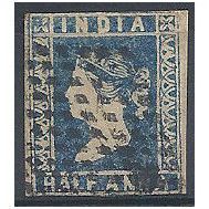 India 1854 SG9 1/2 Anna Greenish-Blue IMPERF Good+/Fine Used ..