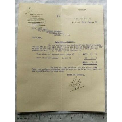 1935 letter Alms & Young, Taunton re A. M. Hill