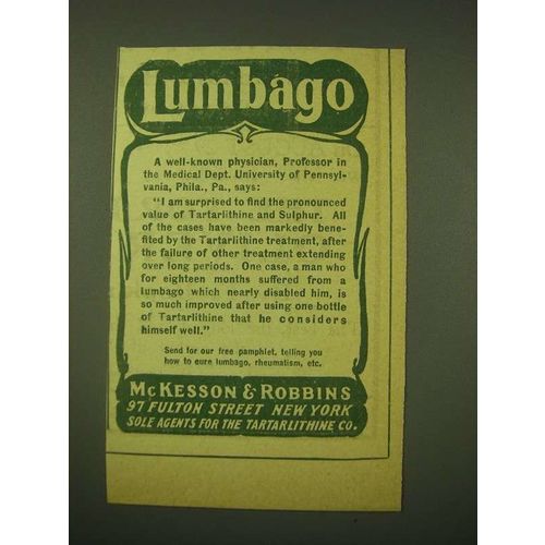 1902 McKesson & Robbins Tartarlithine Ad - Lumbago A well-known physician