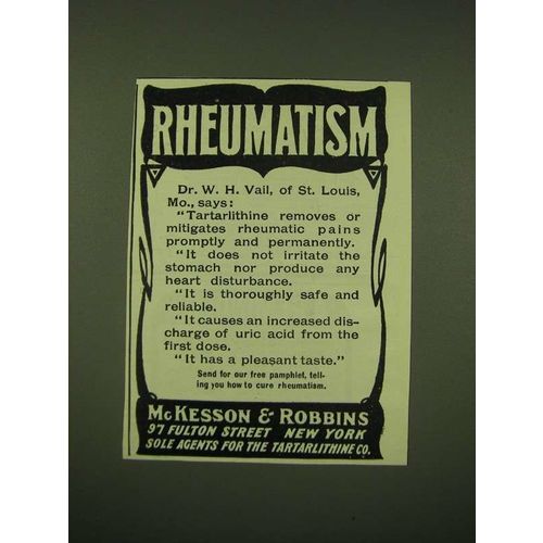 1902 McKesson & Robbins Tartarlithine Ad - Rheumatism Dr. W.H. Vail