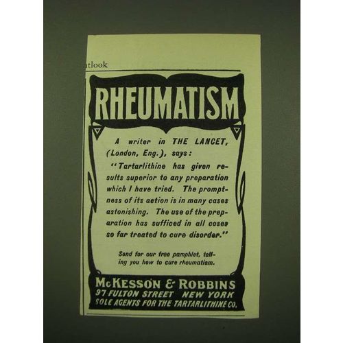 1902 McKesson & Robbins Tartarlithine Ad - Rheumatism A writer in The Lancet