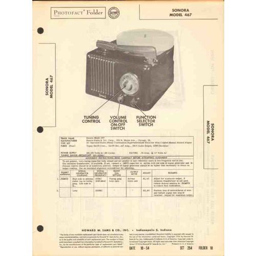 SONORA model 467 4 tube AM radio receiver phono Sams Photofact manual