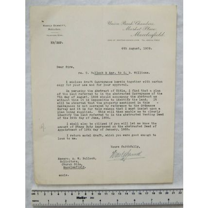 1939 letter Harold Bennett, Solicitor, Macclesfield
