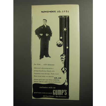 1951 Gump's Silk Kimono Ad - For him.. silk Kimono