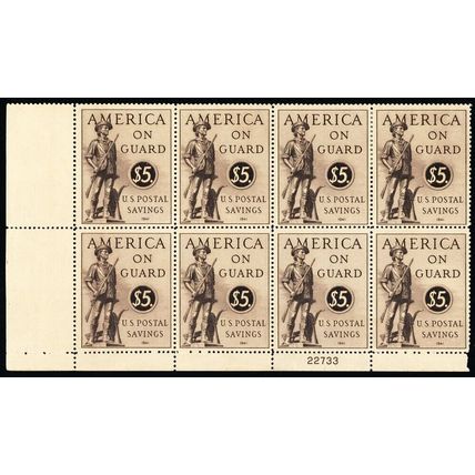 PS15, Mint NH/H $5 Postal Savings Plate Block CV $560.00 * Stuart Katz